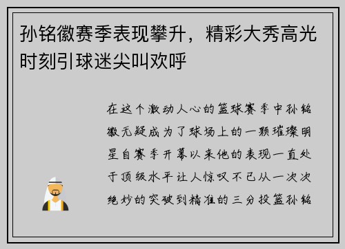 孙铭徽赛季表现攀升，精彩大秀高光时刻引球迷尖叫欢呼